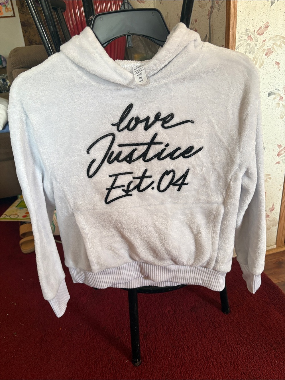 Justice White Plush Hoodie Sweater with Black Script